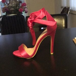Bright pink ankle tie sandals